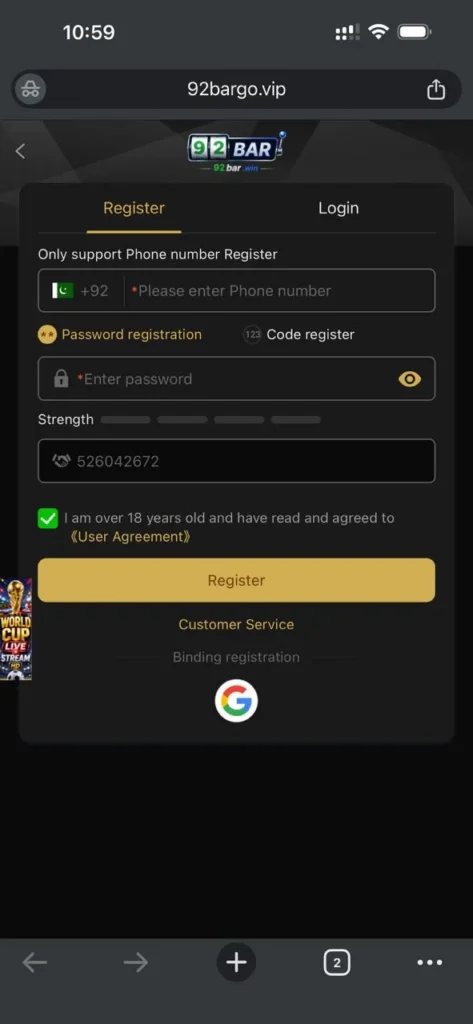 register and login interface